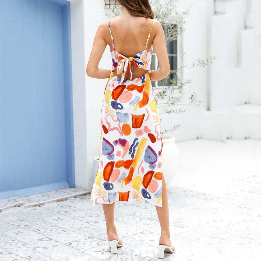 Casual hit color print sling split dress