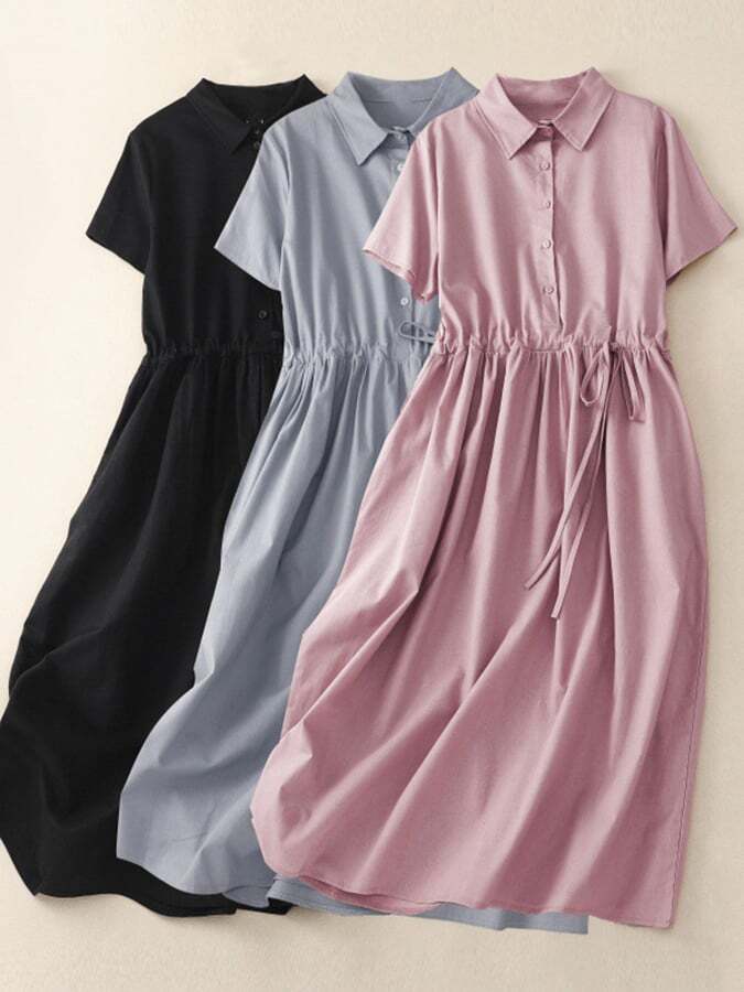 Belted Solid Color Shirt Dress