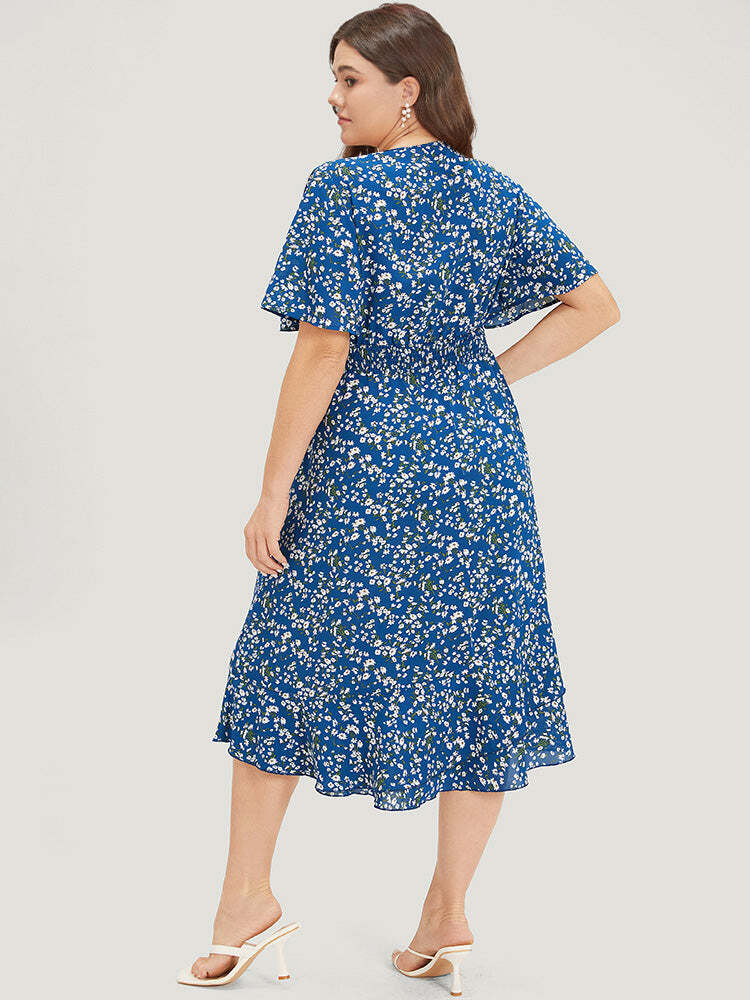 Ditsy Floral Overlap Collar Shirred Ruffle Layered Dress