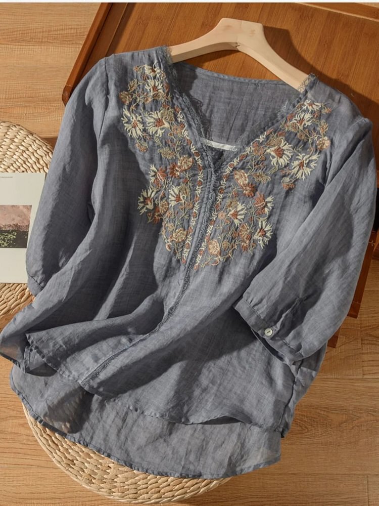 Embroidered V Neck 3/4 Sleeve Casual Linen Top