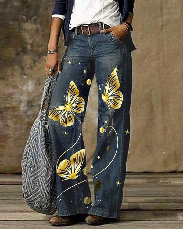 Casual Vintage Butterfly Print Pants