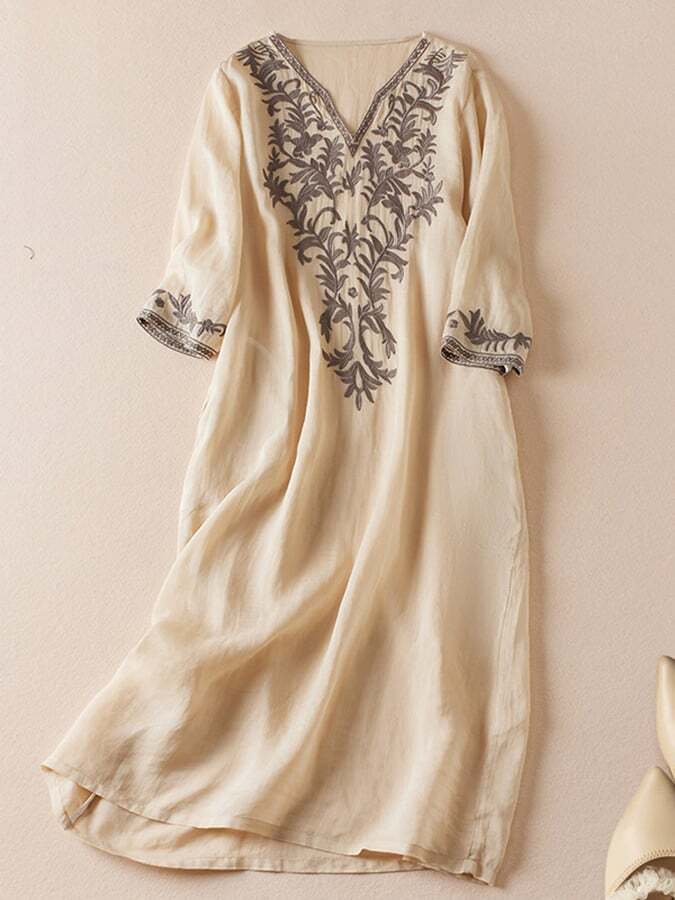 Literary Retro Temperament Elegant Loose V-Neck Embroidery Two-Piece Dress