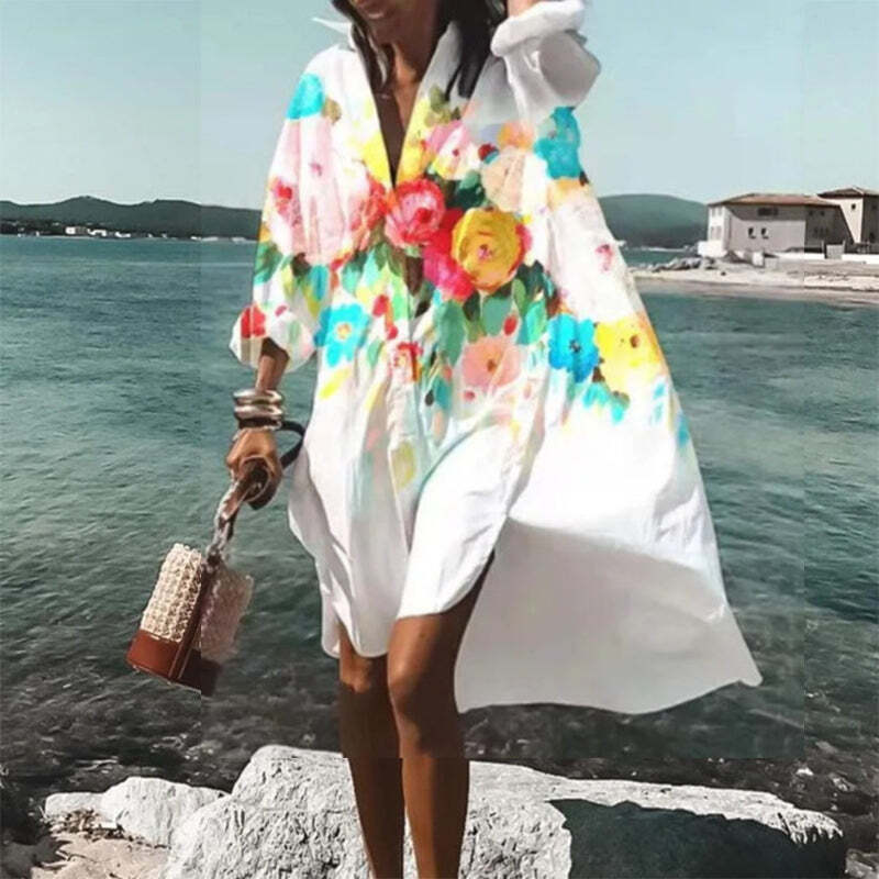 Long Sleeve Floral Print Irregular Midi Shirt Dress