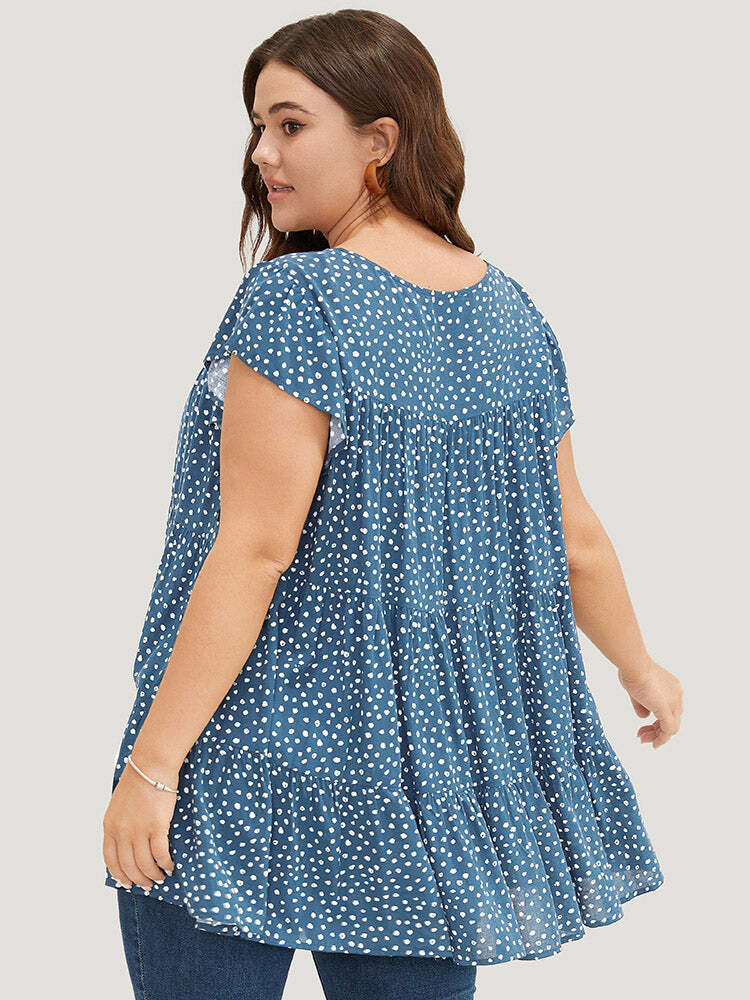 🌸Allover Print Cap Sleeve Ruffle Hem Gathered Blouse