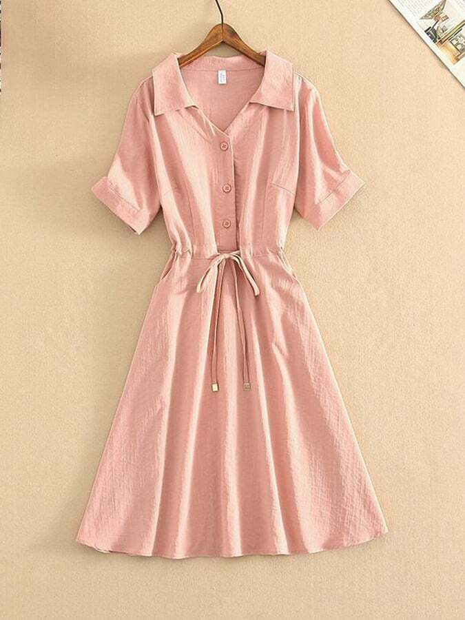 French Fresh Short Sleeve Waistband Mid Length Solid Color Dress