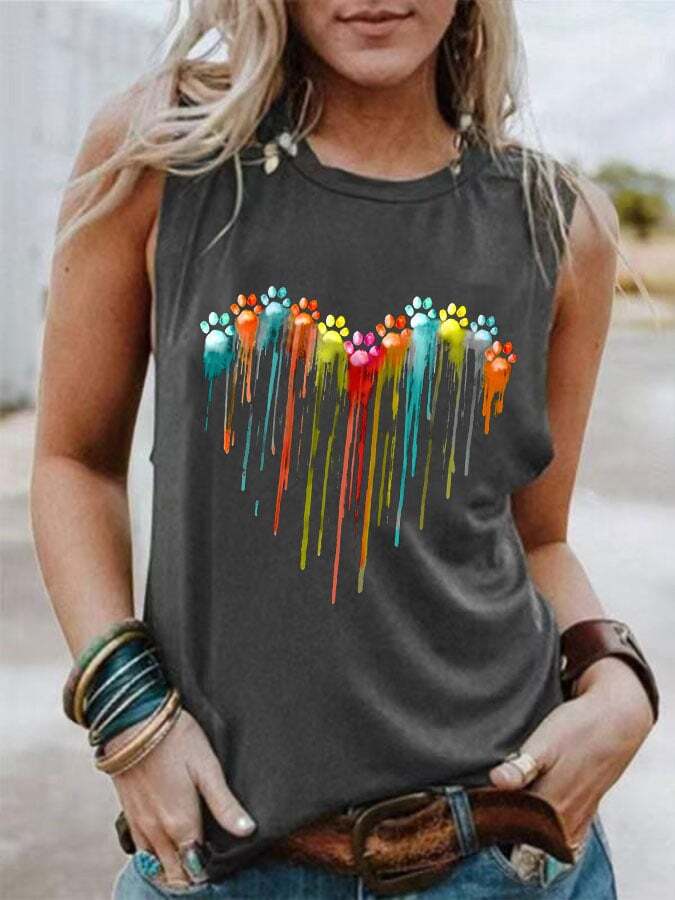 Women's Colorful Heart Dog Paw Print Tank Top