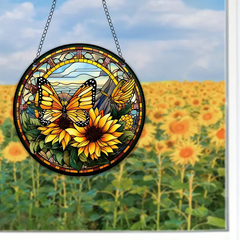 Butterfly Sunflower Suncatcher Acrylic Window Hanging With Metal Chain For Home Decor, Gift For Friends Children  Nature Lovers