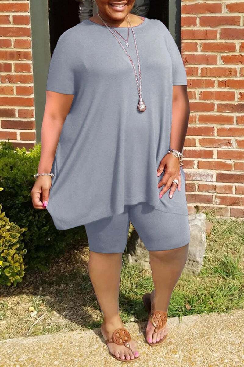Last Day -Plus Size Ruffled Hem Solid Color Top & Shorts
