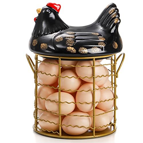 Gold Wire Egg Basket with Ceramic Chicken Design Lid, Metal Egg Basket for Fresh Eggs with Handles, Portable Black Fresh Egg Collecting Basket Holder for Countertop, Holds about 25 Eggs