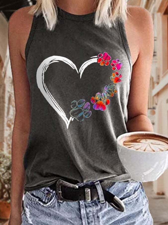 Women's Heart Paw Dog Lover Heart Print Sleeveless T-Shirt