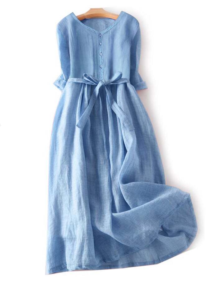 Literary And Elegant Cotton And Linen Tie Dress