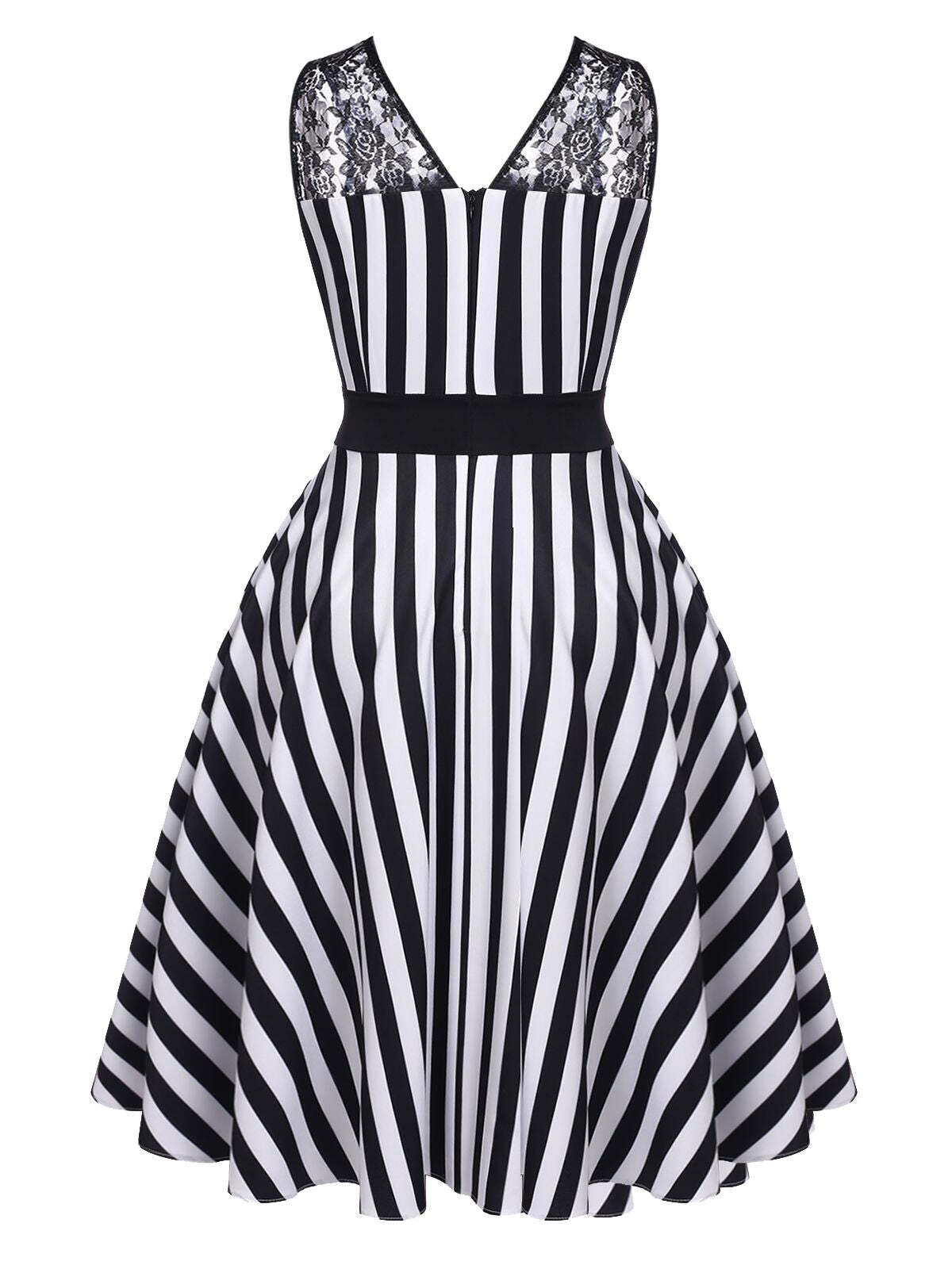 Black 1950s Stripes Lace Swing Dress