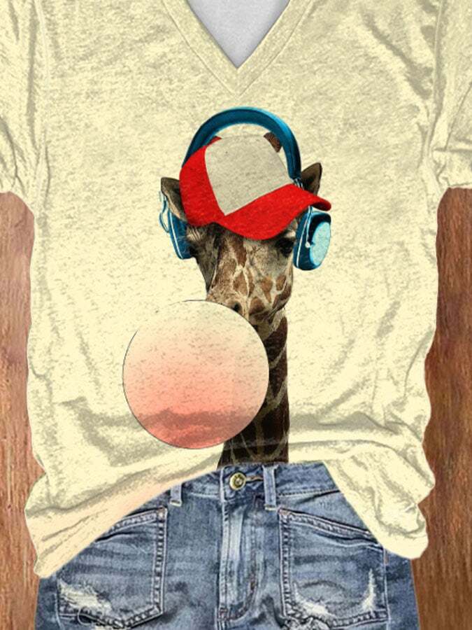 V-neck Bubble Gum Cool Giraffe With Headphones Print T-Shirt