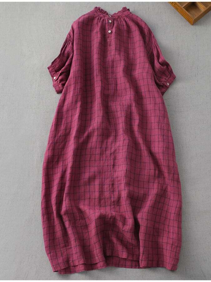 Cotton And Linen Plaid Loose Standing Neck 3/4 Sleeve Dress