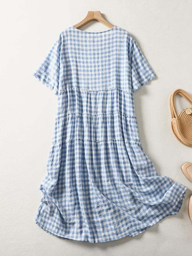 Checkered Short Sleeve High Waist Casual Dress