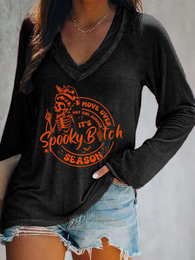 Women's Halloween Move Over Hot Girl Summer It's Spooky Bitch Season Print Casual Long Sleeve V-Neck T-Shirt