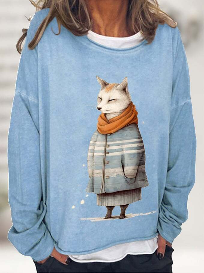 Women's Winter Funny Cute Wonderland Clothing Fox Print Long Sleeve Top