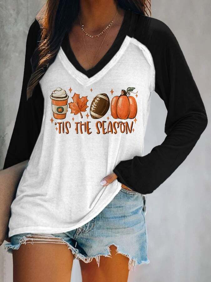 V-neck Football Tis The Season Pumpkin Maple Leaf Print T-Shirt
