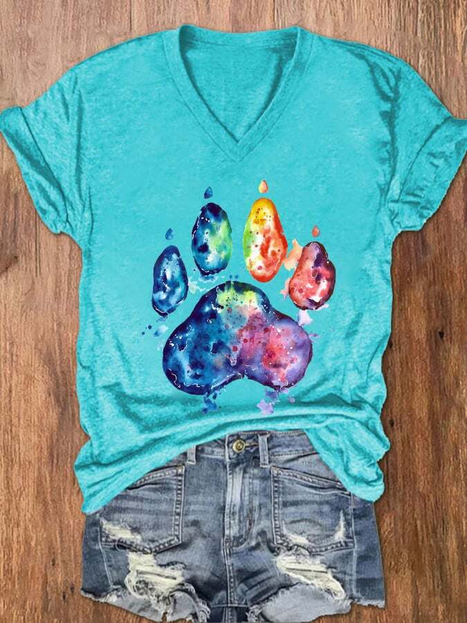 Women's Watercolor Dog Paw Print V-Neck T-Shirt