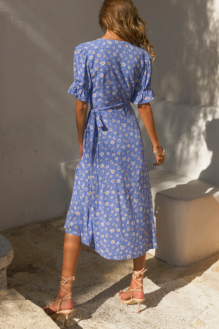 Casual floral puff sleeve wrap dress