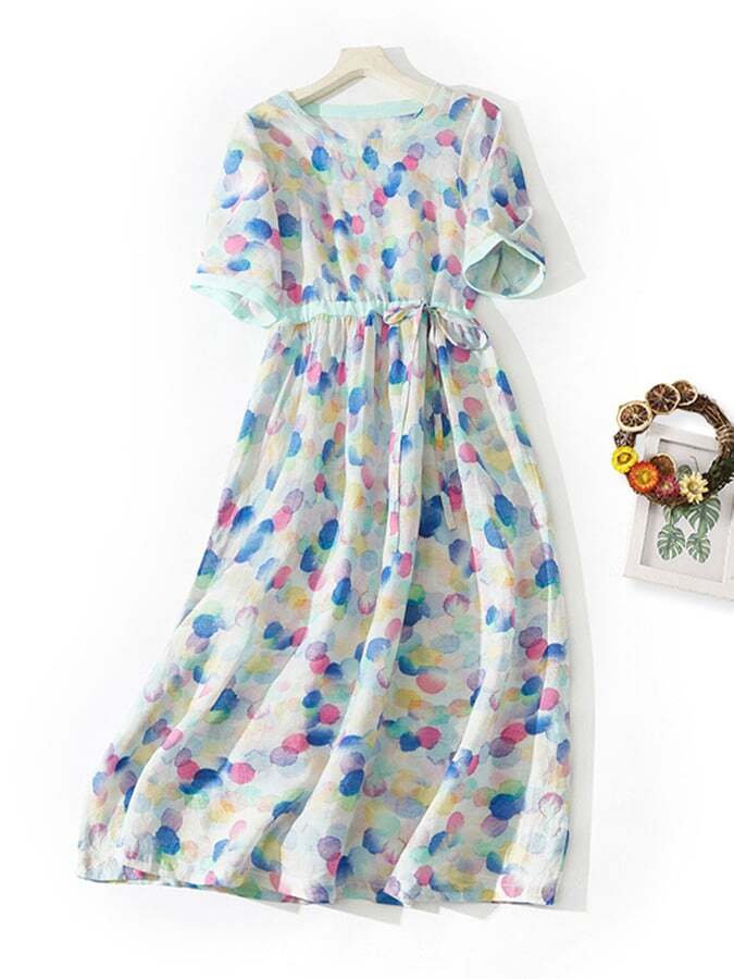 Lace Up Waistband Polka Dot Printed Cotton Linen Dress