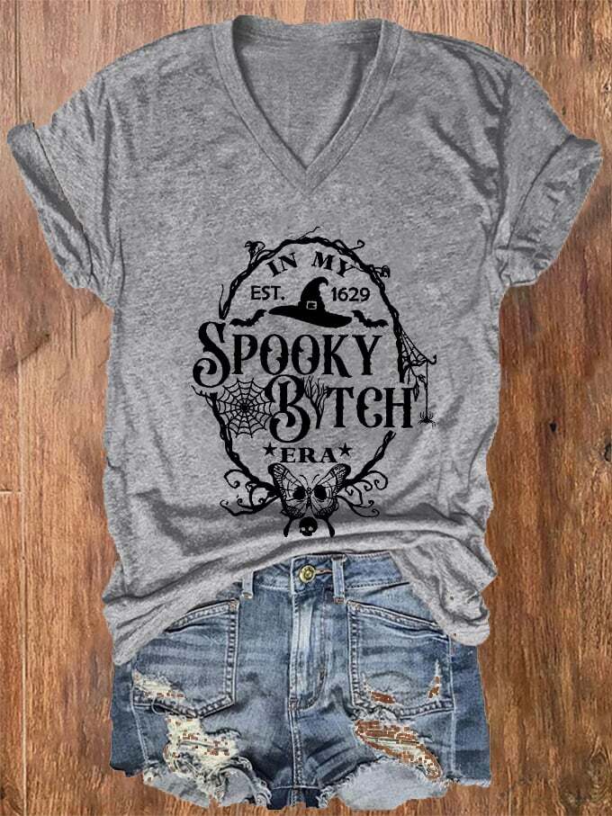 Women's Halloween In My Spooky B*tch Era Est.1629 Printed V-Neck T-Shirt
