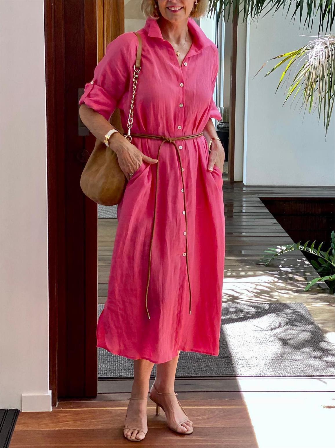 Women's Linen Cotton Shirt Dress- Pink