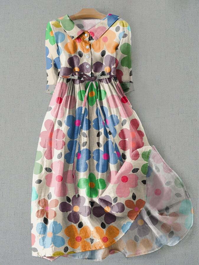 Casual Art Cartoon Flower Print Tie Loose Dress