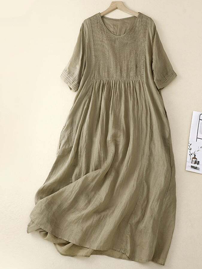 Vintage Cotton And Linen Organ Pleated V-neck Short Sleeve Dress