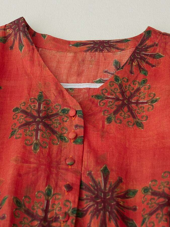 Printed Loose Retro V-Neck Short Sleeved Cotton Linen Dress