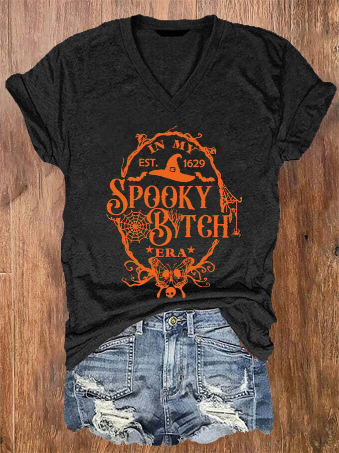 Women's Halloween In My Spooky B*tch Era Est.1629 Printed V-Neck T-Shirt