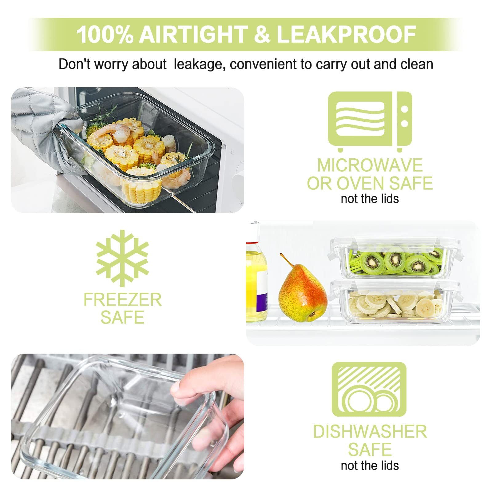 10 Pack Glass Meal Prep Containers, Glass Food Storage Containers with Lids, Airtight Glass Lunch Bento Boxes, BPA-Free & Leak Proof (10 lids & 10 Containers)