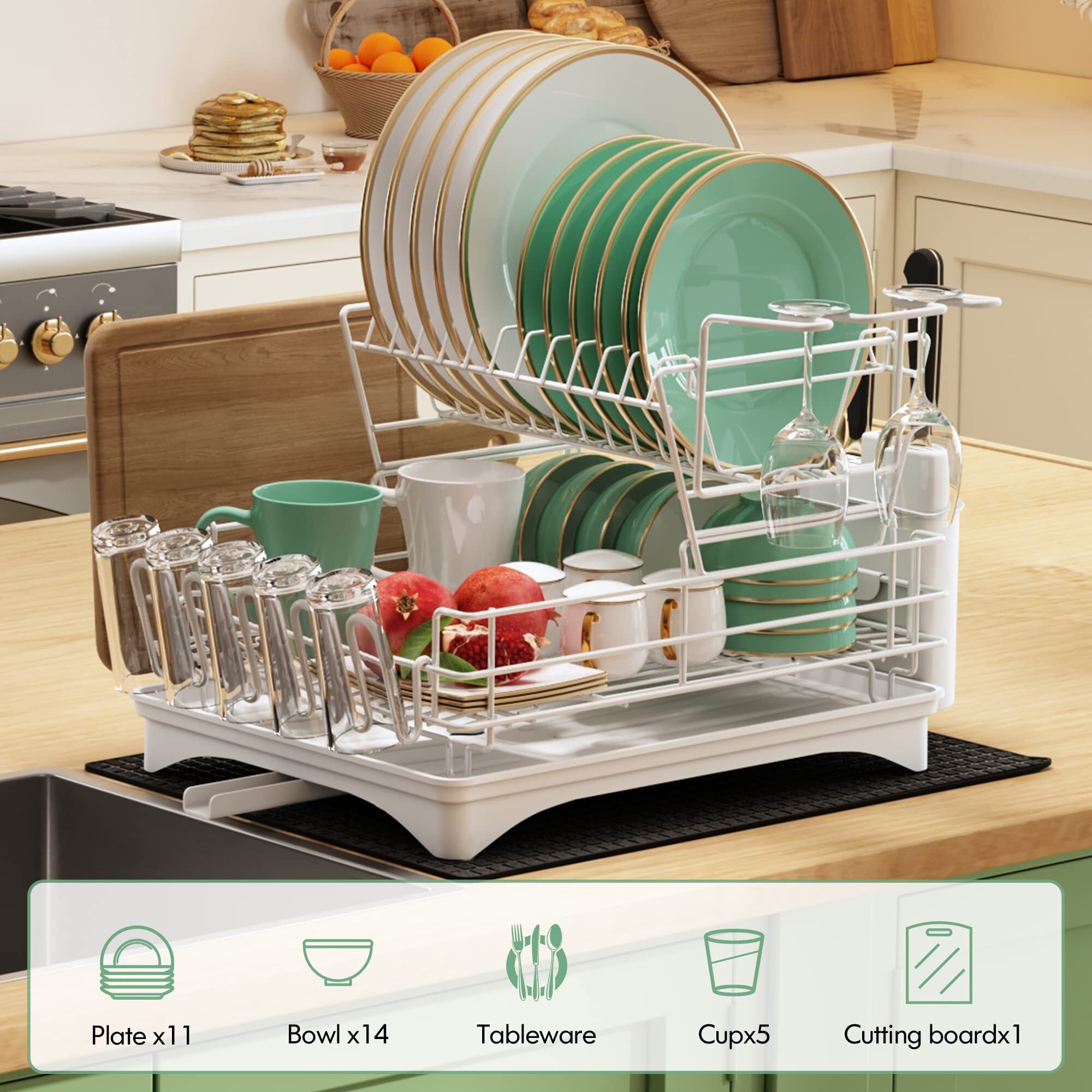 Dish Drying Racks for Kitchen Counter, Stainless Steel 2 Tier Black Dish Dryer Rack with Drainboard Set, Large Dish Drainers with Wine Glass Holder, Utensil Holder and Dryer Mat