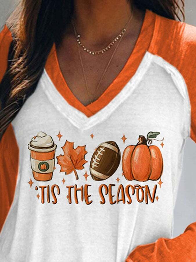 V-neck Football Tis The Season Pumpkin Maple Leaf Print T-Shirt