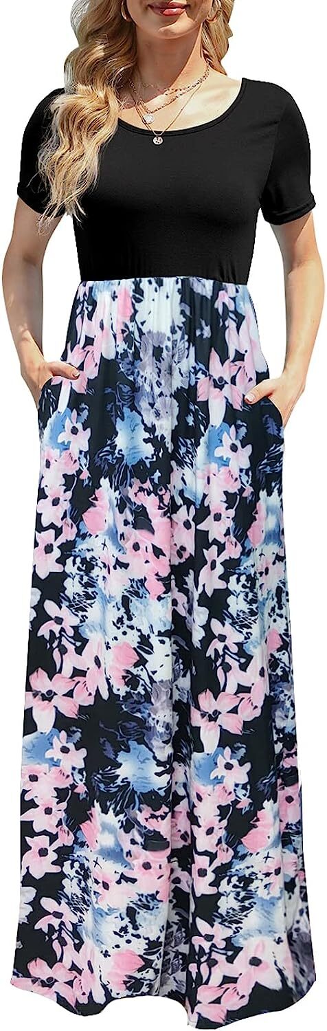 Supnier Women's Short Long Sleeve Maxi Dresses Casual Empire Waist Long Dress with Pockets