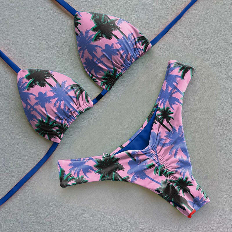 Retro Palm Tree Contrast Color Bikini Set