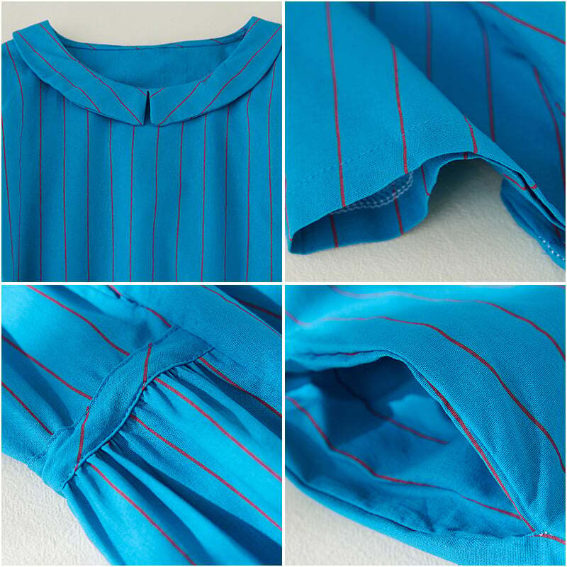 Striped Underbelly Mid Length Polo Collar Cotton Linen Dress