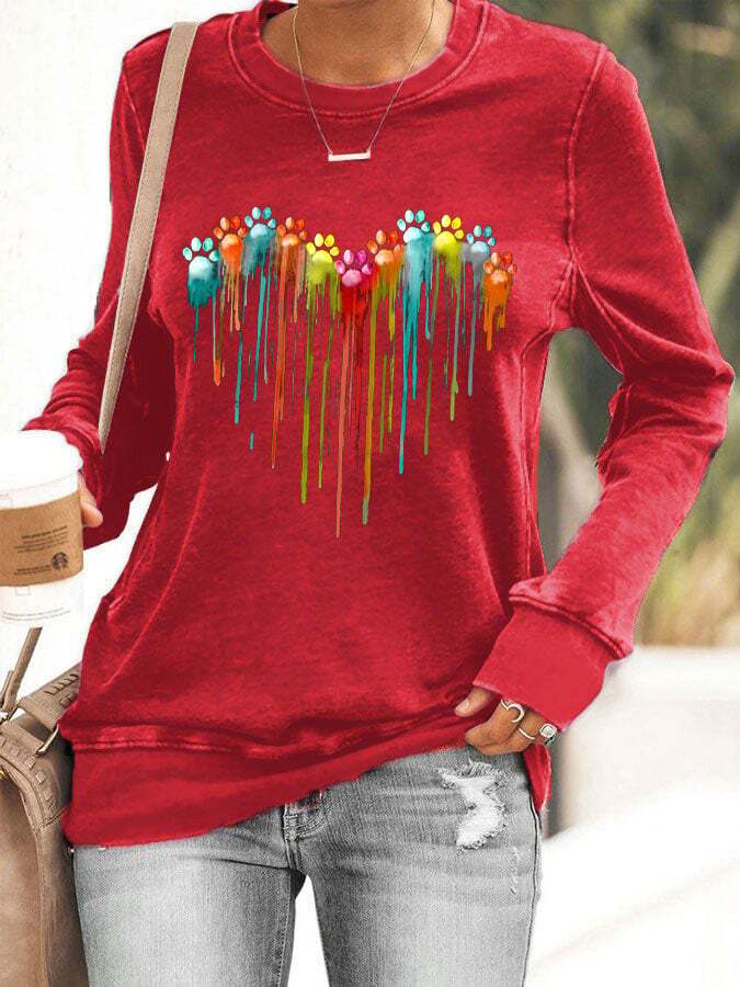 Women's Colorful Love Heart Dog Paw Print Sweatshirt