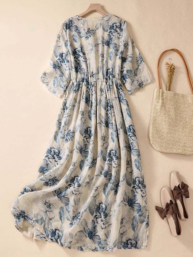 Cotton And Linen V-Neck Pleated Vintage Printed Dress