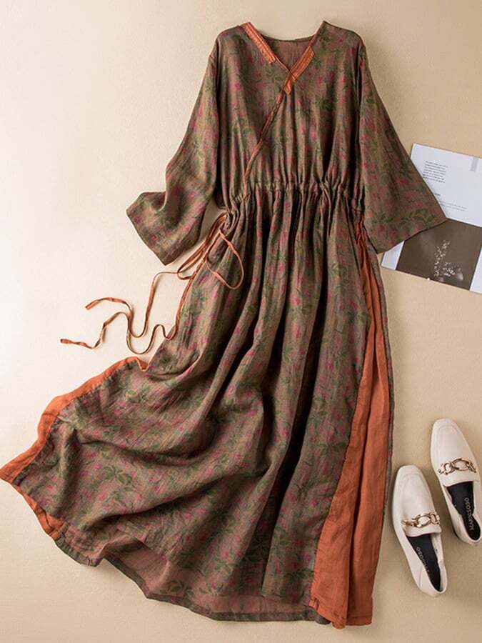 V-Neck Drawstring High Waist Lined Printed Dress