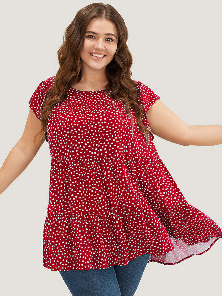 🌸Allover Print Cap Sleeve Ruffle Hem Gathered Blouse
